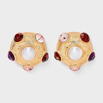 Pearl and Multi-Stone Button Earrings - A New Day™ Gold/Red/Purple