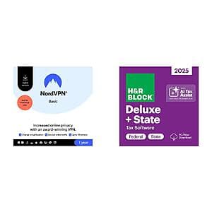H&R Block Tax Software Deluxe + State 2025 (Digital) + NordVPN Basic (10 Device/1yr) $25 & More