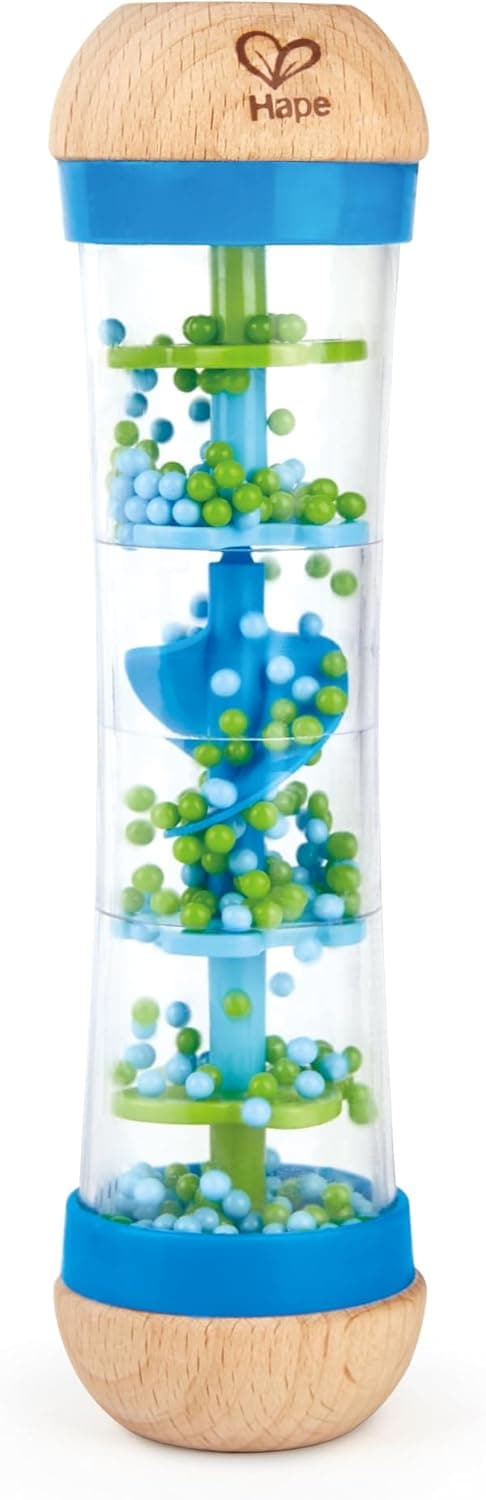 Hape Beaded Raindrops | Mini Wooden Musical Shake & Rattle Rainmaker Toy, Blue, Model Number: E0328B