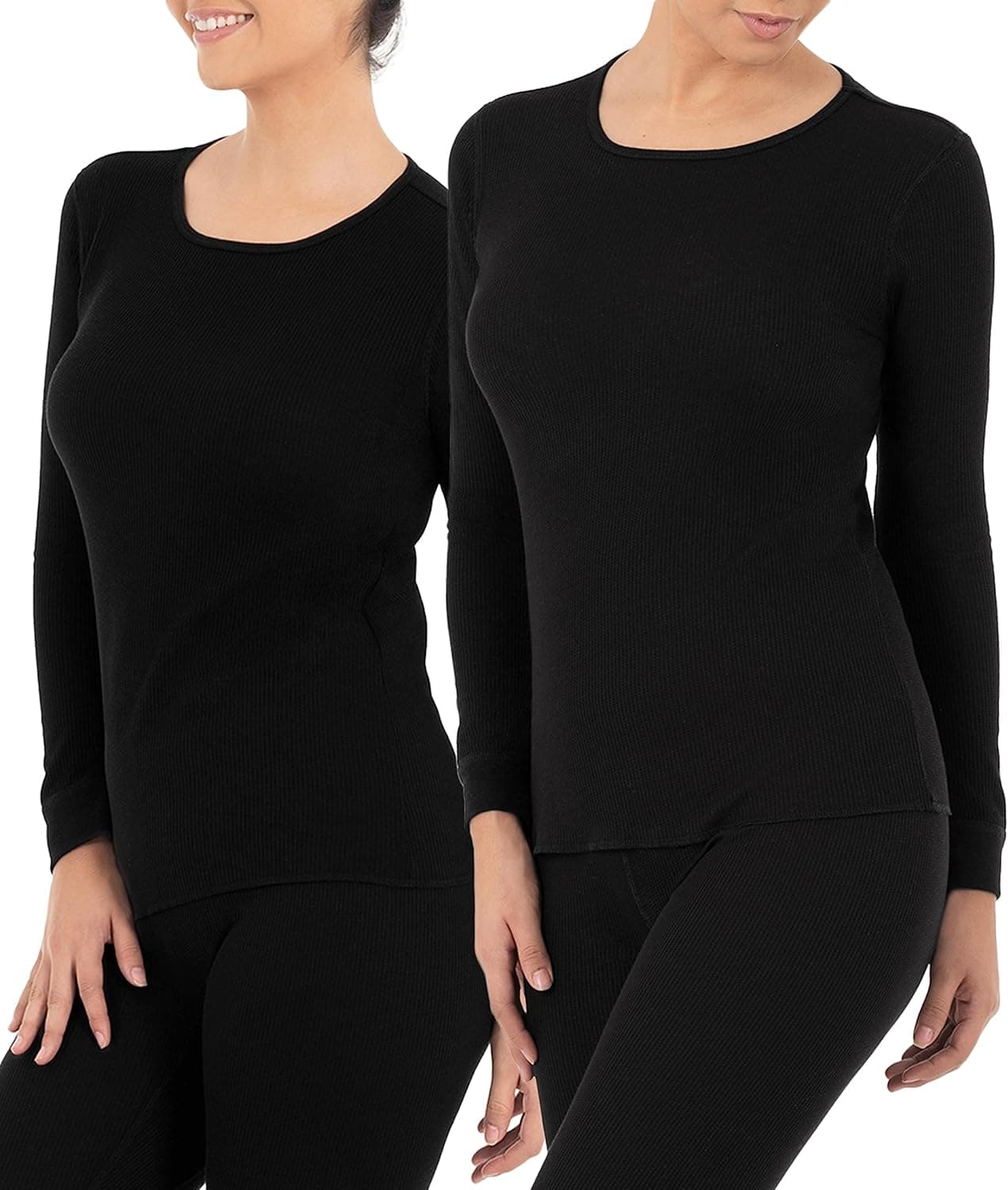 Fruit of the Loom womens Micro Waffle Premium Thermal Underwear Tee Shirt Pajama Top, Black/Black, 1X US (Pack of 2)