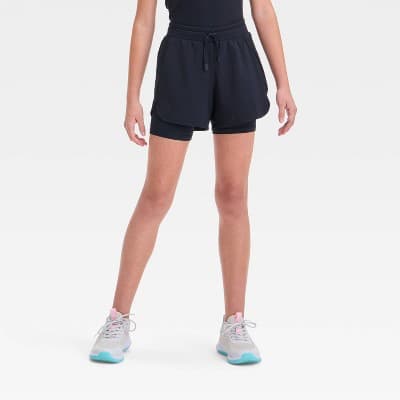 Girls' Active Light 2-In-1 Run Shorts - All In Motion™ Black XL: Recycled Polyester, Spandex, Stash Pocket