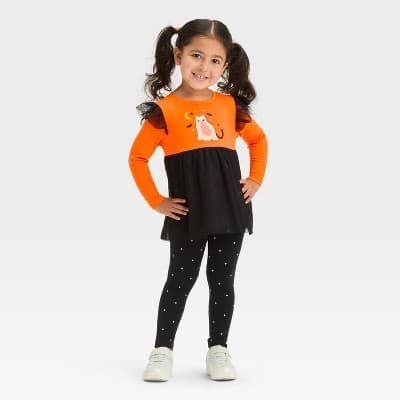 Toddler Girls' Halloween Long Sleeve Cat Set - Cat & Jack™ Orange 12M