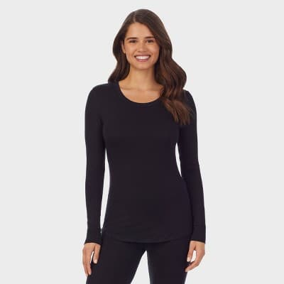 Warm Essentials by Cuddl Duds Women's Smooth Stretch Thermal Scoop Neck Top - Black L