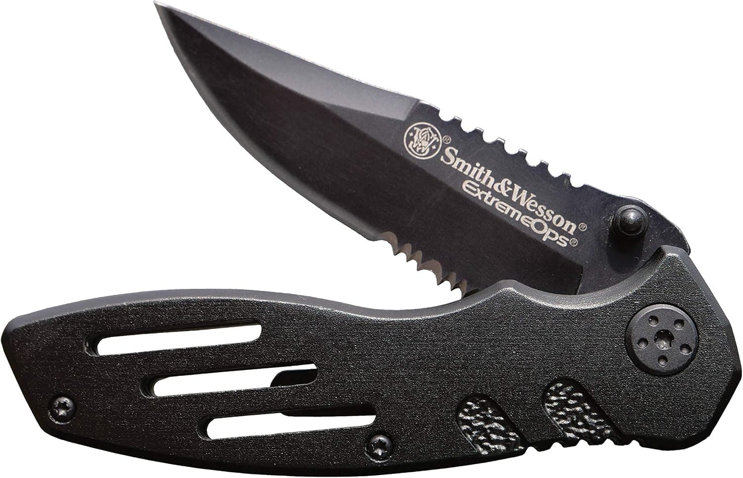 Smith & Wesson Accessories Extreme Ops SWA24S 7.1in S.S. Folding Knife with 3.1in Serrated Clip Point Blade and Aluminum Handle for Outdoor, Tactical, Survival and EDC