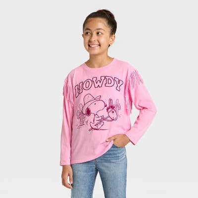 Girls' Howdy Snoopy Fleece Fringe Long Sleeve T-Shirt - Light Pink M