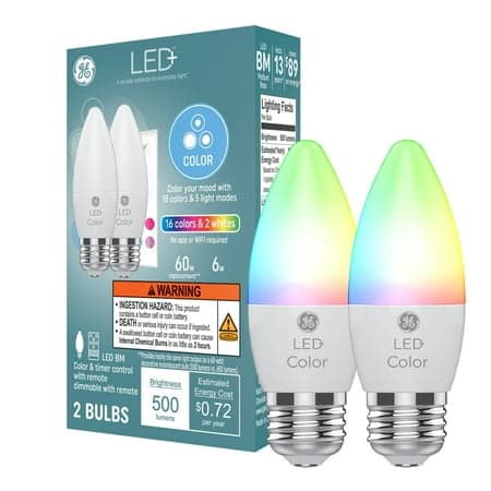 GE LED+ Color Changing LED Light Bulbs, 60 Watt, Decorative Bulbs, Medium Base, 2pk