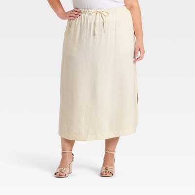 Women's Modern Gauze Drawstring Midi Skirt - A New Day™ Cream 1X