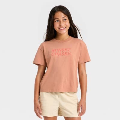 Girls' Short Sleeve 'Sunset Chaser' Graphic T-Shirt - Cat & Jack™ Light Brown M