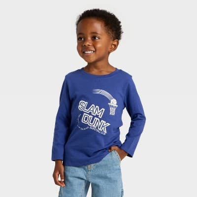 Toddler Boys' Long Sleeve Slam Dunk Graphic T-Shirt - Cat & Jack™ Dark Blue 4T