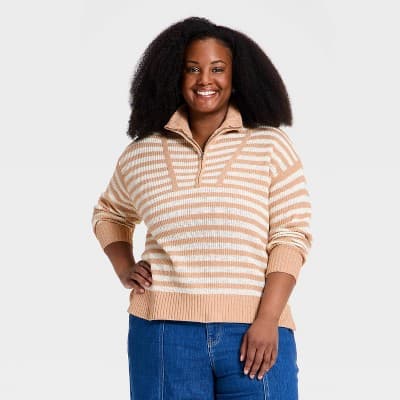 Women's Long Sleeve Mock Turtleneck Quarter Zip Pullover Sweater - Ava & Viv™ Tan Striped 1X