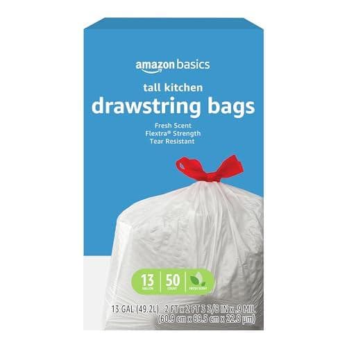 50-Count 13gal Amazon Basics Flextra Strength Tall Kitchen Drawstring Trash Bags Amazon