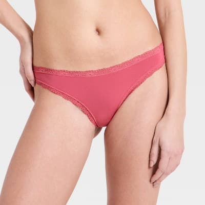 Women's Cloud Knit Lace Trimmed Thong Underwear - Auden™ Dark Pink M