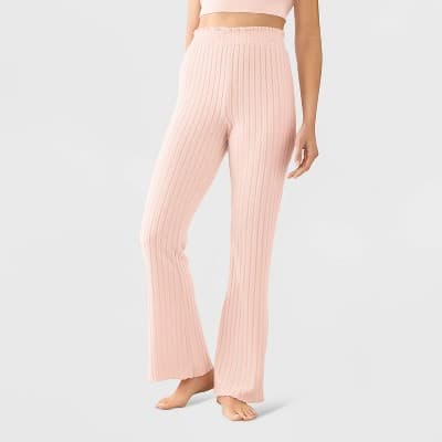 Women's Super Soft Rib Knit Lettuce Hem Bootcut Flare Lounge Pants with Smocked Waistband - Auden™ Pink S