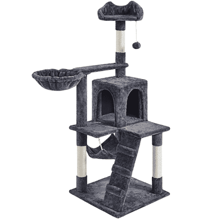 Alden Design 54" Cat Tree with Hammock, Basket and Scratching Post Tower, Dark Gray