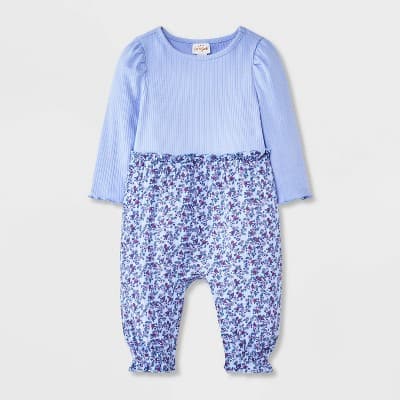 Baby Girls' Floral Ribbed Long Sleeve Romper - Cat & Jack™ Blue Newborn