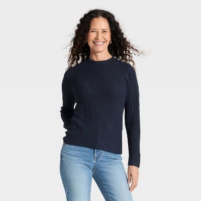 Women's Long Sleeve Lace Stitch Crewneck Pullover Sweater - Universal Thread™ Navy Blue XL