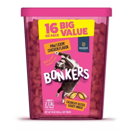 BONKERS Bites Paw Lickin' Chicken Flavor Crunchy & Soft Treats for Cats, 16oz Tub