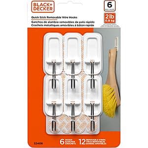 Sturdy Wall Hooks: 6-Pack BLACK+DECKER Removable Hooks Hold up to 2 lbs