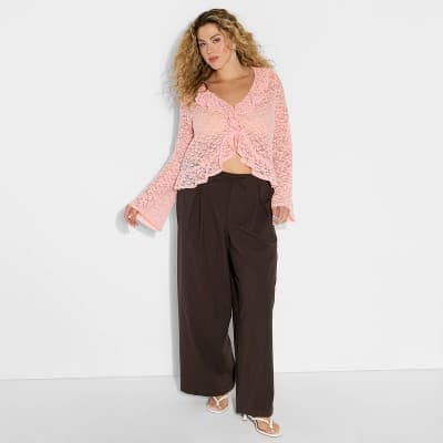 Women's Long Sleeve V-Neck Flyaway Brushed Lace Top - Wild Fable™ Pink XXL