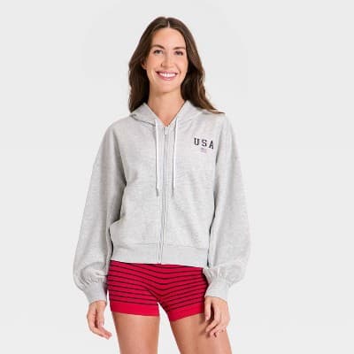 Women's French Terry Full Zip Americana Sweatshirt - All In Motion™ Light Heathered Gray L