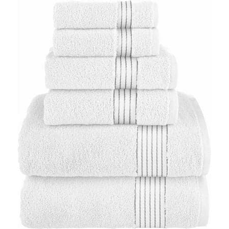 Elegant Comfort Cotton 6-Piece Towel Set, Includes 2 Washcloths, 2 Hand Towels and 2 Bath Towels, 100% Turkish Cotton - Highly Absorbent and Super Soft Towels for Bathroom, White/Gray
