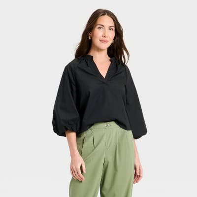 Women's Balloon Sleeve Blouse - A New Day™ Black L