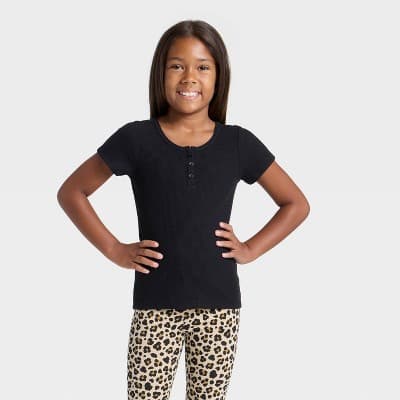 Girls' Short Sleeve Waffle Knit Henley T-Shirt - Cat & Jack™ Black M