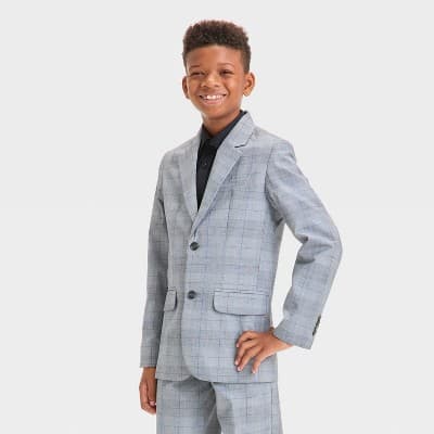 Boys' Plaid Suit Jacket - Cat & Jack™ Dark Gray 14: Twill Construction