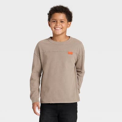 Boys' Long Sleeve Oversized Fit Patch T-Shirt - Cat & Jack™ Brown M