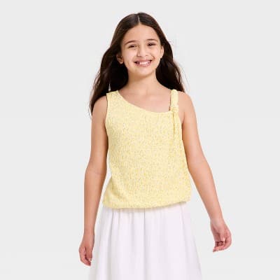 Girls' Knotted Strap Asymmetrical Floral Top - Cat & Jack™ Pale Yellow M