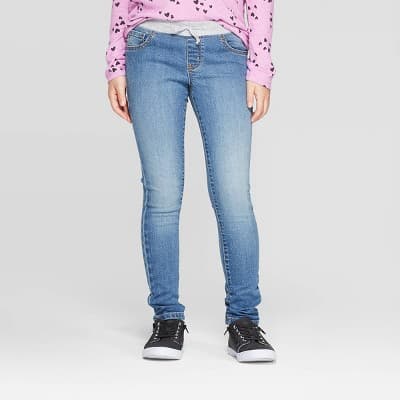 Girls' Mid-Rise Knit Waist Pull-On Skinny Jeans - Cat & Jack™ Medium Wash 12: Flexible Drawstring, Super Stretch Denim