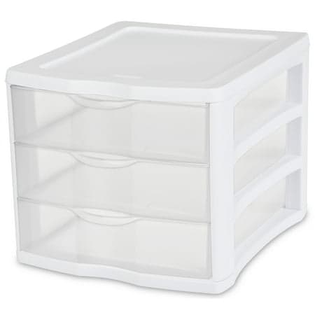 Sterilite 3 Drawer Unit, Clear Plastic Countertop or Desktop Storage Drawers, White