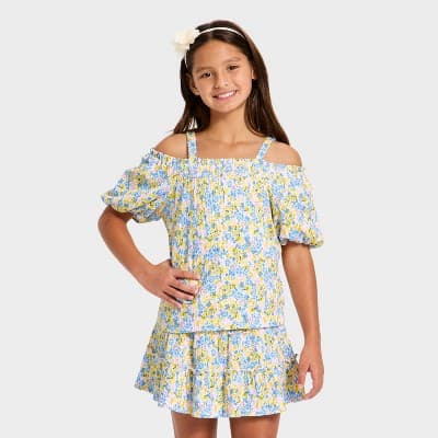 Girls' Off the Shoulder Citrus Floral Printed Top - Cat & Jack™ Lemon Yellow XS