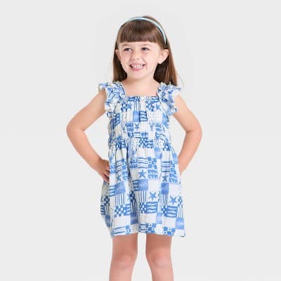 Toddler Girls' 4th of July Flutter Sleeve Checkerboard Dress - Cat & Jack™ Blue/Cream 2T