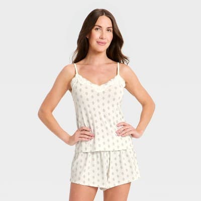 Women's Lace Trim Cloud Knit Tank Top and Shorts Pajama Set - Auden™ Cream Block Printed XXL