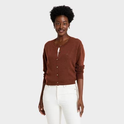Women's Button-Up Pointelle Cardigan - A New Day™ Brown M