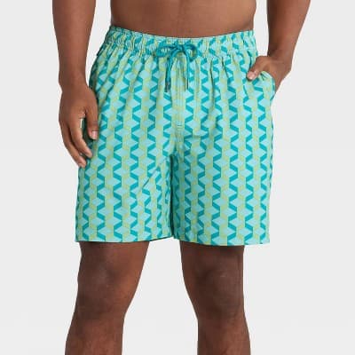 Men's 7'' Swim Trunks with Boxer Brief Liner - Goodfellow & Co™ Blue Geo L
