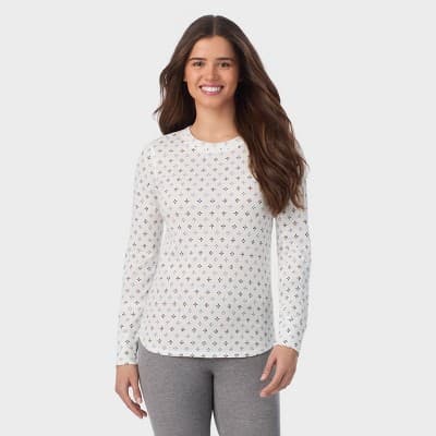 Warm Essentials by Cuddl Duds Women's Waffle Long Sleeve Crewneck Top - Ivory/Blue Ditsy L
