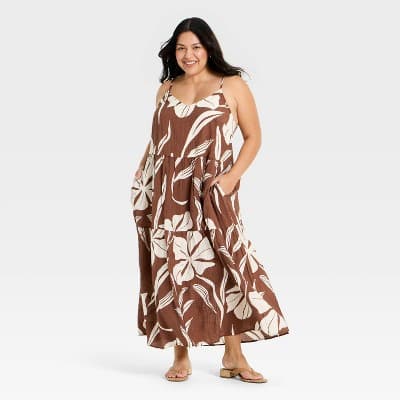 Women's Tiered Maxi Sundress - A New Day™ Brown/White Floral 2X