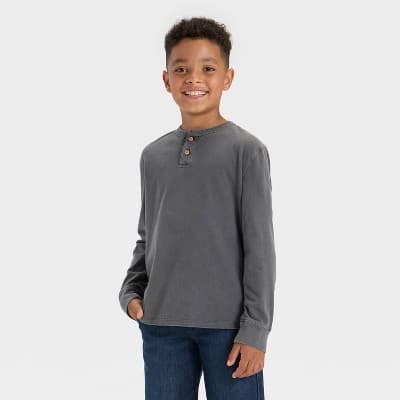 Boys' Long Sleeve Henley T-Shirt - Cat & Jack™ Charcoal Gray S