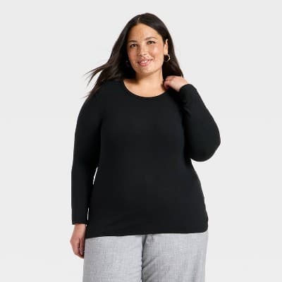 Women's Long Sleeve Fitted Jersey T-Shirt - A New Day™ Black 2X