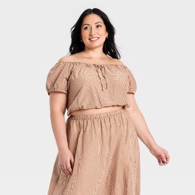 Women's Short Puff Sleeve Tie Top - A New Day™ Brown Gingham 4X