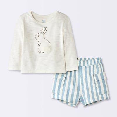 Baby Boys' 2pc Bunny Graphic Long Sleeve T-Shirt and Striped Cargo Shorts Set - Cloud Island™ Cream 18M