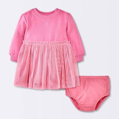 Baby Girls' Long Sleeve Modal Fleece Tulle Dress - Cloud Island™ Pink 3-6M