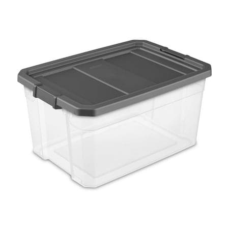 Sterilite 76 Quart Stacker Storage Bin, Clear Plastic Storage Container with Latch Lid, Durable, Dark Gray
