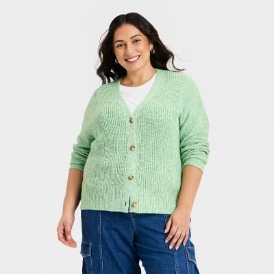 Women's Textured Stitch Button-Front Cardigan Sweater - Ava & Viv™ Green 1X