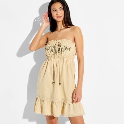 Women's Tube Mini Embroidered A-Line Dress - Wild Fable™ Tan XXS