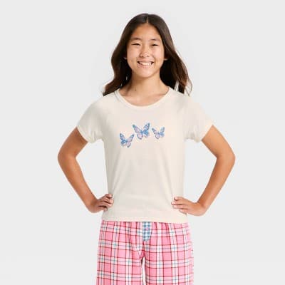 Girls' Butterflies Graphic Pajama T-Shirt - art class™ Cream S
