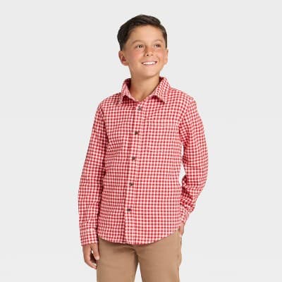 Boys' Long Sleeve Striped Plaid Flannel Button-Down Shirt - Cat & Jack™ Red M