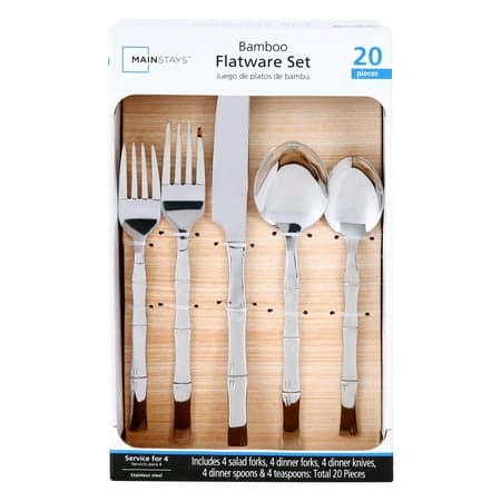Mainstays Bamboo Design Stainless Steel Flatware Set, 20 Pieces, Service for 4 Adults